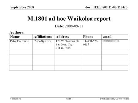 Doc.: IEEE 802.11-08/1184r0 Submission September 2008 Peter Ecclesine, Cisco SystemsSlide 1 M.1801 ad hoc Waikoloa report Date: 2008-09-11 Authors: