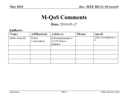 Doc.: IEEE 802.11-10/xxxxr0 Submission May 2010 Jarkko Kneckt, NokiaSlide 1 M-QoS Comments Date: 2010-05-17 Authors: