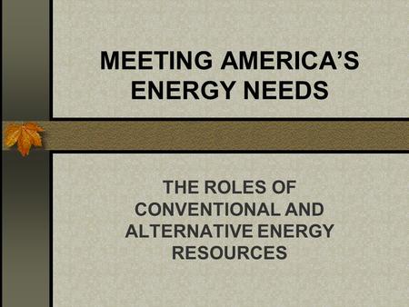 MEETING AMERICAS ENERGY NEEDS THE ROLES OF CONVENTIONAL AND ALTERNATIVE ENERGY RESOURCES.