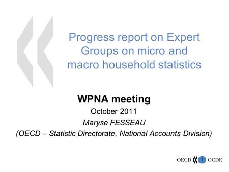 1 Progress report on Expert Groups on micro and macro household statistics WPNA meeting October 2011 Maryse FESSEAU (OECD – Statistic Directorate, National.