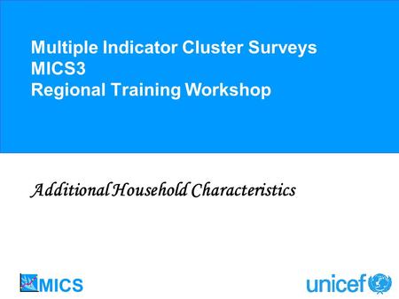 Multiple Indicator Cluster Surveys MICS3 Regional Training Workshop Additional Household Characteristics.