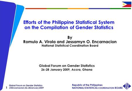 Global Forum on Gender Statistics JOEncarnacion/26-28January 2009 Republic of the Philippines NATIONAL STATISTICAL COORDINATION BOARD 1 Efforts of the.