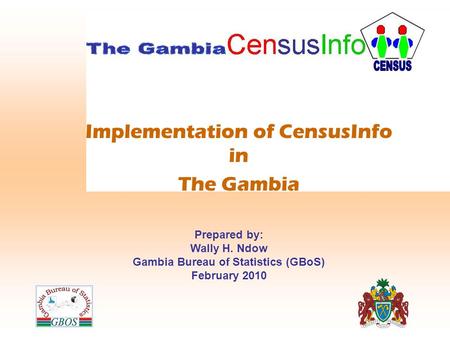Implementation of CensusInfo in The Gambia Prepared by: Wally H. Ndow Gambia Bureau of Statistics (GBoS) February 2010.