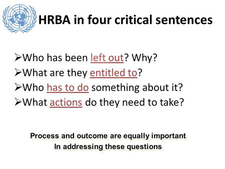 HRBA in four critical sentences Who has been left out? Why? What are they entitled to? Who has to do something about it? What actions do they need to take?