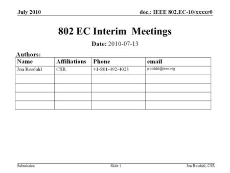 Doc.: IEEE 802.EC-10/xxxxr0 Submission July 2010 Jon Rosdahl, CSRSlide 1 802 EC Interim Meetings Date: 2010-07-13 Authors: