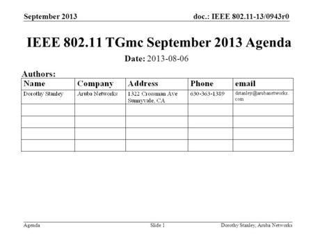 Doc.: IEEE 802.11-13/0943r0 Agenda September 2013 Dorothy Stanley, Aruba NetworksSlide 1 IEEE 802.11 TGmc September 2013 Agenda Date: 2013-08-06 Authors: