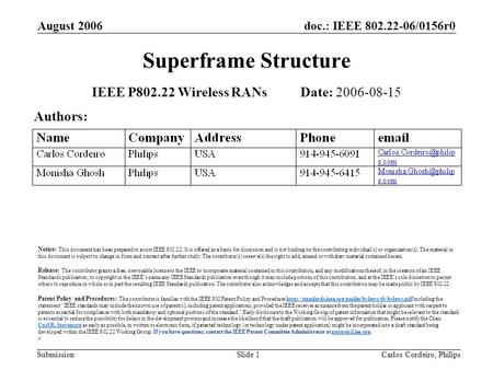 Doc.: IEEE 802.22-06/0156r0 Submission August 2006 Carlos Cordeiro, PhilipsSlide 1 Superframe Structure IEEE P802.22 Wireless RANs Date: 2006-08-15 Authors: