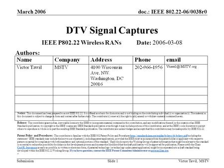 Doc.: IEEE 802.22-06/0038r0 Submission March 2006 Victor Tawil, MSTVSlide 1 DTV Signal Captures IEEE P802.22 Wireless RANs Date: 2006-03-08 Authors: Notice: