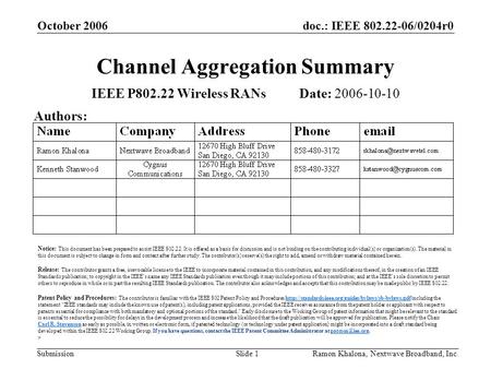 Doc.: IEEE 802.22-06/0204r0 Submission October 2006 Ramon Khalona, Nextwave Broadband, Inc.Slide 1 Channel Aggregation Summary IEEE P802.22 Wireless RANs.