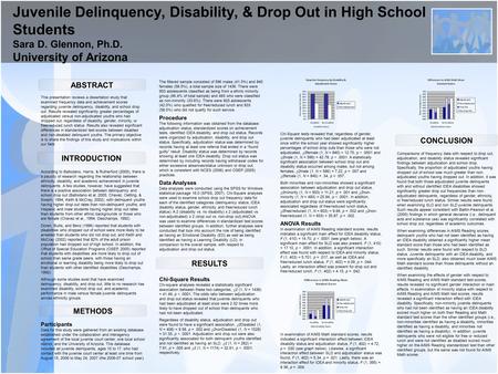 Juvenile Delinquency, Disability, & Drop Out in High School Students Sara D. Glennon, Ph.D. University of Arizona ABSTRACT RESULTS CONCLUSION This presentation.