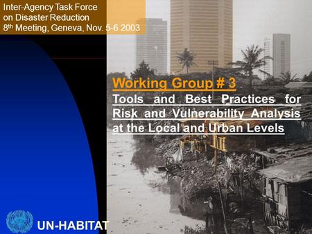 UN-HABITAT Inter-Agency Task Force on Disaster Reduction 8 th Meeting, Geneva, Nov. 5-6 2003 Working Group # 3 Tools and Best Practices for Risk and Vulnerability.
