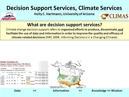 Decision Support Services, Climate Services Holly C. Hartmann, University of Arizona What are decision support services? Climate change decision support.