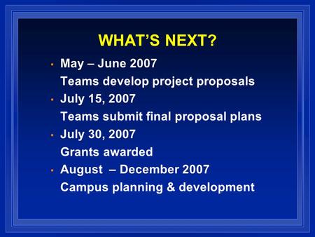 WHATS NEXT? May – June 2007 Teams develop project proposals July 15, 2007 Teams submit final proposal plans July 30, 2007 Grants awarded August – December.