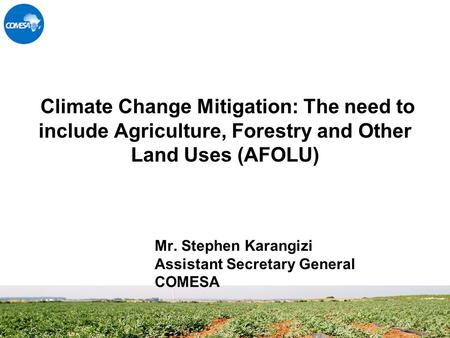 Climate Change Mitigation: The need to include Agriculture, Forestry and Other Land Uses (AFOLU) Mr. Stephen Karangizi Assistant Secretary General COMESA.