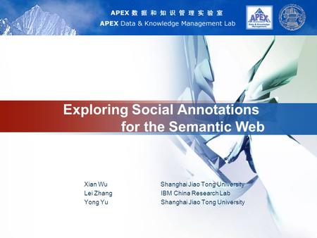 LOGO Exploring Social Annotations for the Semantic Web Xian Wu Shanghai Jiao Tong University Lei Zhang IBM China Research Lab Yong Yu Shanghai Jiao Tong.