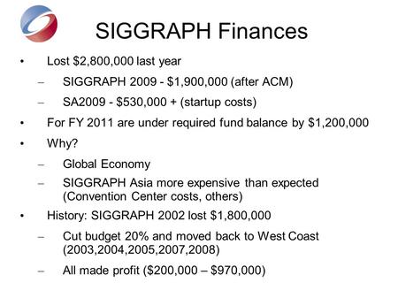 SIGGRAPH Finances Lost $2,800,000 last year – SIGGRAPH 2009 - $1,900,000 (after ACM) – SA2009 - $530,000 + (startup costs) For FY 2011 are under required.