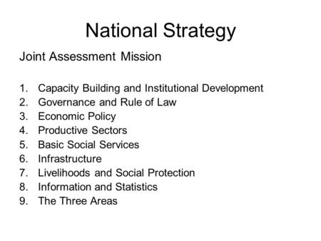 National Strategy Joint Assessment Mission 1.Capacity Building and Institutional Development 2.Governance and Rule of Law 3.Economic Policy 4.Productive.
