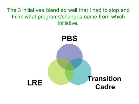The 3 initiatives blend so well that I had to stop and think what programs/changes came from which initiative. PBS Transition Cadre LRE.