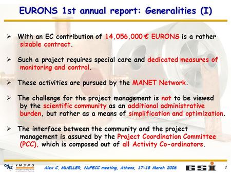 Alex C. MUELLER, NuPECC meeting, Athens, 17-18 March 2006 1 EURONS 1st annual report: Generalities (I) With an EC contribution of 14,056,000 EURONS is.