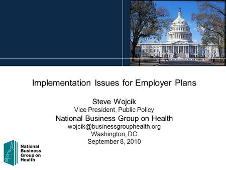 Implementation Issues for Employer Plans Steve Wojcik Vice President, Public Policy National Business Group on Health Washington,