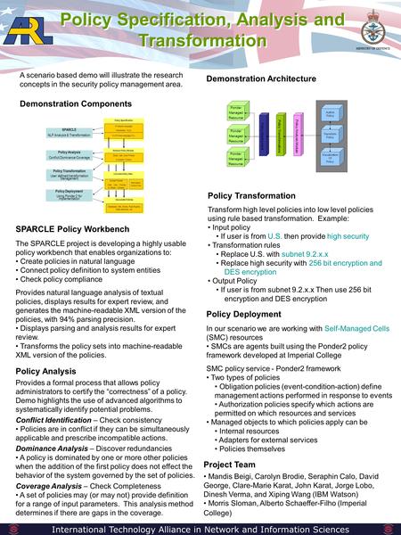 Policy Specification, Analysis and Transformation International Technology Alliance in Network and Information Sciences A scenario based demo will illustrate.