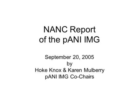 NANC Report of the pANI IMG September 20, 2005 by Hoke Knox & Karen Mulberry pANI IMG Co-Chairs.