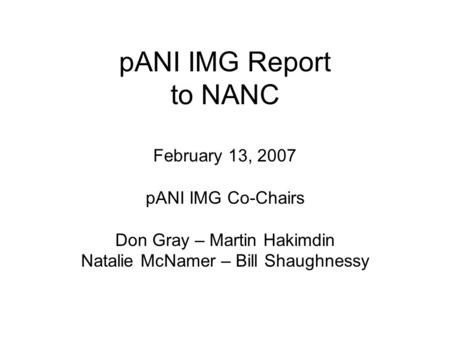 PANI IMG Report to NANC February 13, 2007 pANI IMG Co-Chairs Don Gray – Martin Hakimdin Natalie McNamer – Bill Shaughnessy.