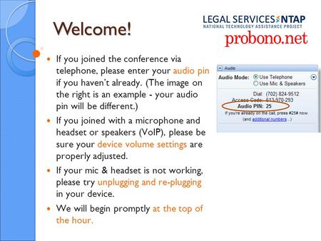 Welcome! If you joined the conference via telephone, please enter your audio pin if you havent already. (The image on the right is an example - your audio.