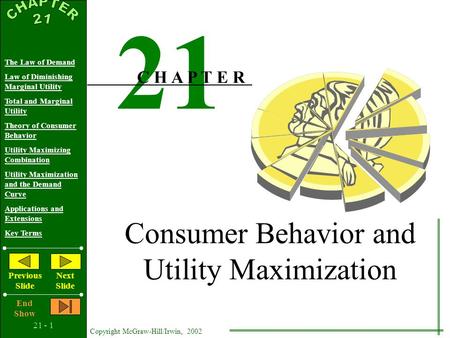 21 - 1 Copyright McGraw-Hill/Irwin, 2002 The Law of Demand Law of Diminishing Marginal Utility Total and Marginal Utility Theory of Consumer Behavior.
