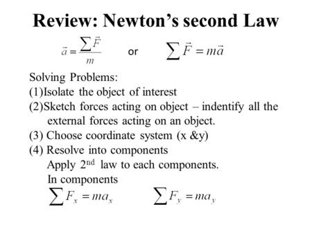Review: Newtons second Law or Solving Problems: (1)Isolate the object of interest (2)Sketch forces acting on object – indentify all the external forces.