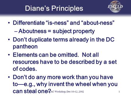 OLAC Workshop, Dec 10-12, 20021 Dianes Principles Differentiate is-ness and about-ness –Aboutness = subject property Dont duplicate terms already in the.