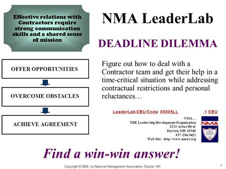 1 NMA LeaderLab DEADLINE DILEMMA OFFER OPPORTUNITIES OVERCOME OBSTACLES ACHIEVE AGREEMENT Figure out how to deal with a Contractor team and get their help.