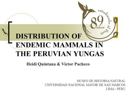 DISTRIBUTION OF ENDEMIC MAMMALS IN THE PERUVIAN YUNGAS Heidi Quintana & Victor Pacheco MUSEO DE HISTORIA NATURAL UNIVERSIDAD NACIONAL MAYOR DE SAN MARCOS.
