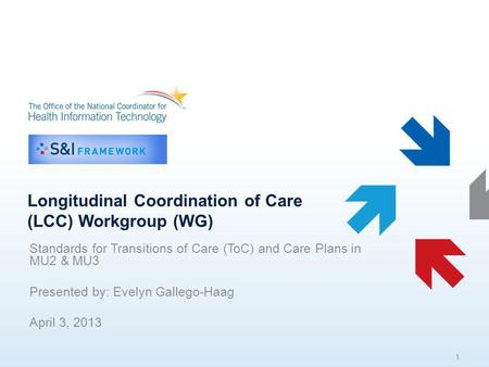 Longitudinal Coordination of Care (LCC) Workgroup (WG) Standards for Transitions of Care (ToC) and Care Plans in MU2 & MU3 Presented by: Evelyn Gallego-Haag.