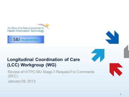 Longitudinal Coordination of Care (LCC) Workgroup (WG) Review of HITPC MU Stage 3 Request For Comments (RFC) January 09, 2013 1.