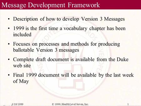 MDF99 Vocabulary Chapter HL7 Working Group Meetings April 26, 1999 Toronto, Canada Stan Huff -
