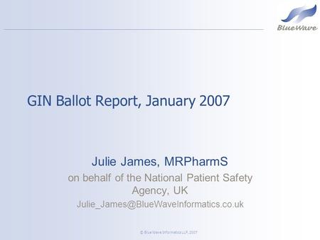© Blue Wave Informatics LLP, 2007 GIN Ballot Report, January 2007 Julie James, MRPharmS on behalf of the National Patient Safety Agency, UK