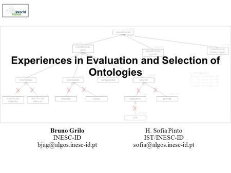 Experiences in Evaluation and Selection of Ontologies Bruno Grilo INESC-ID H. Sofia Pinto IST/INESC-ID