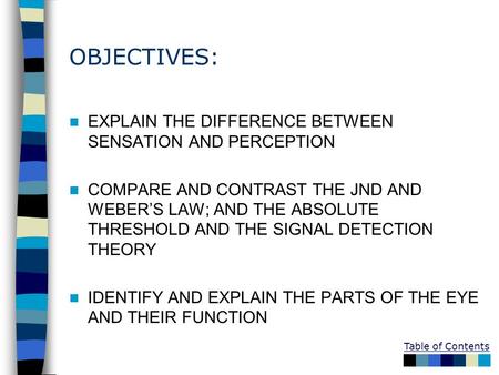 OBJECTIVES: EXPLAIN THE DIFFERENCE BETWEEN SENSATION AND PERCEPTION