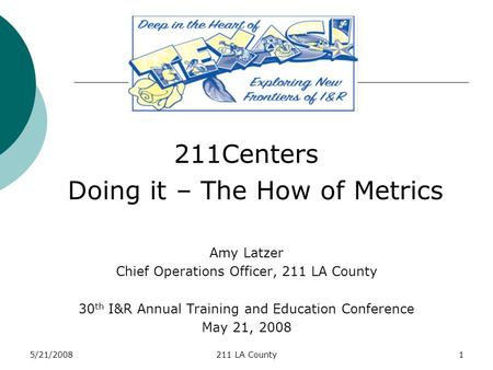 5/21/2008211 LA County1 211Centers Doing it – The How of Metrics Amy Latzer Chief Operations Officer, 211 LA County 30 th I&R Annual Training and Education.