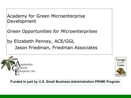 Academy for Green Microenterprise Development Green Opportunities for Microenterprises by Elizabeth Penney, ACE/GGL Jason Friedman, Friedman Associates.