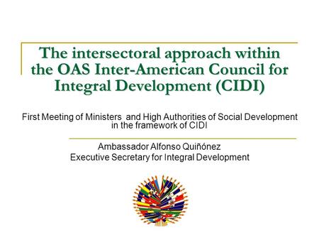 The intersectoral approach within the OAS Inter-American Council for Integral Development (CIDI) First Meeting of Ministers and High Authorities of Social.