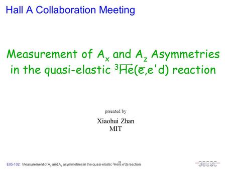 E05-102: Measurement of A x and A z asymmetries in the quasi-elastic 3 He(e,e'd) reaction Hall A Collaboration Meeting Xiaohui Zhan MIT prsented by Measurement.