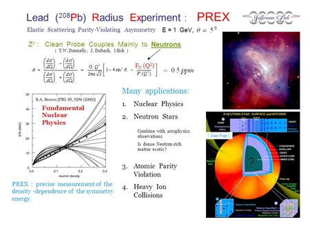 Lead ( 208 Pb) Radius Experiment : PREX E = 1 GeV, Elastic Scattering Parity-Violating Asymmetry PREX : precise measurement of the density -dependence.