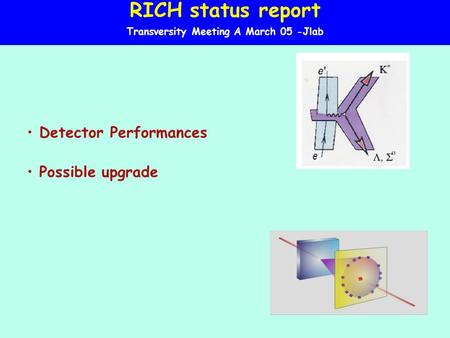 RICH status report Transversity Meeting A March 05 -Jlab Detector Performances Possible upgrade.