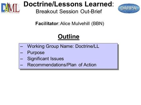 Doctrine/Lessons Learned: Breakout Session Out-Brief –Working Group Name: Doctrine/LL –Purpose –Significant Issues –Recommendations/Plan of Action –Working.