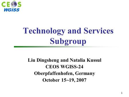 WGISS 1 Technology and Services Subgroup Liu Dingsheng and Natalia Kussul CEOS WGISS-24 Oberpfaffenhofen, Germany October 15~19, 2007.