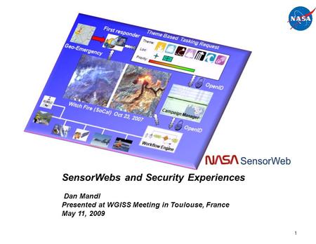 1 SensorWebs and Security Experiences Dan Mandl Presented at WGISS Meeting in Toulouse, France May 11, 2009.