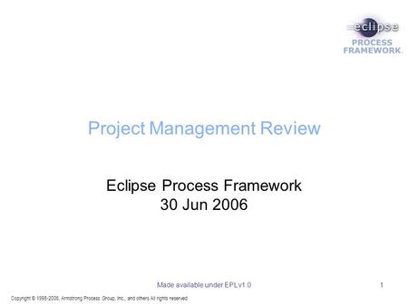 Copyright © 1998-2006, Armstrong Process Group, Inc., and others All rights reserved Made available under EPL v1.01 Project Management Review Eclipse Process.
