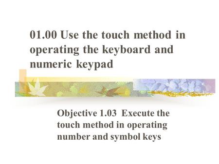 01.00 Use the touch method in operating the keyboard and numeric keypad Objective 1.03 Execute the touch method in operating number and symbol keys.